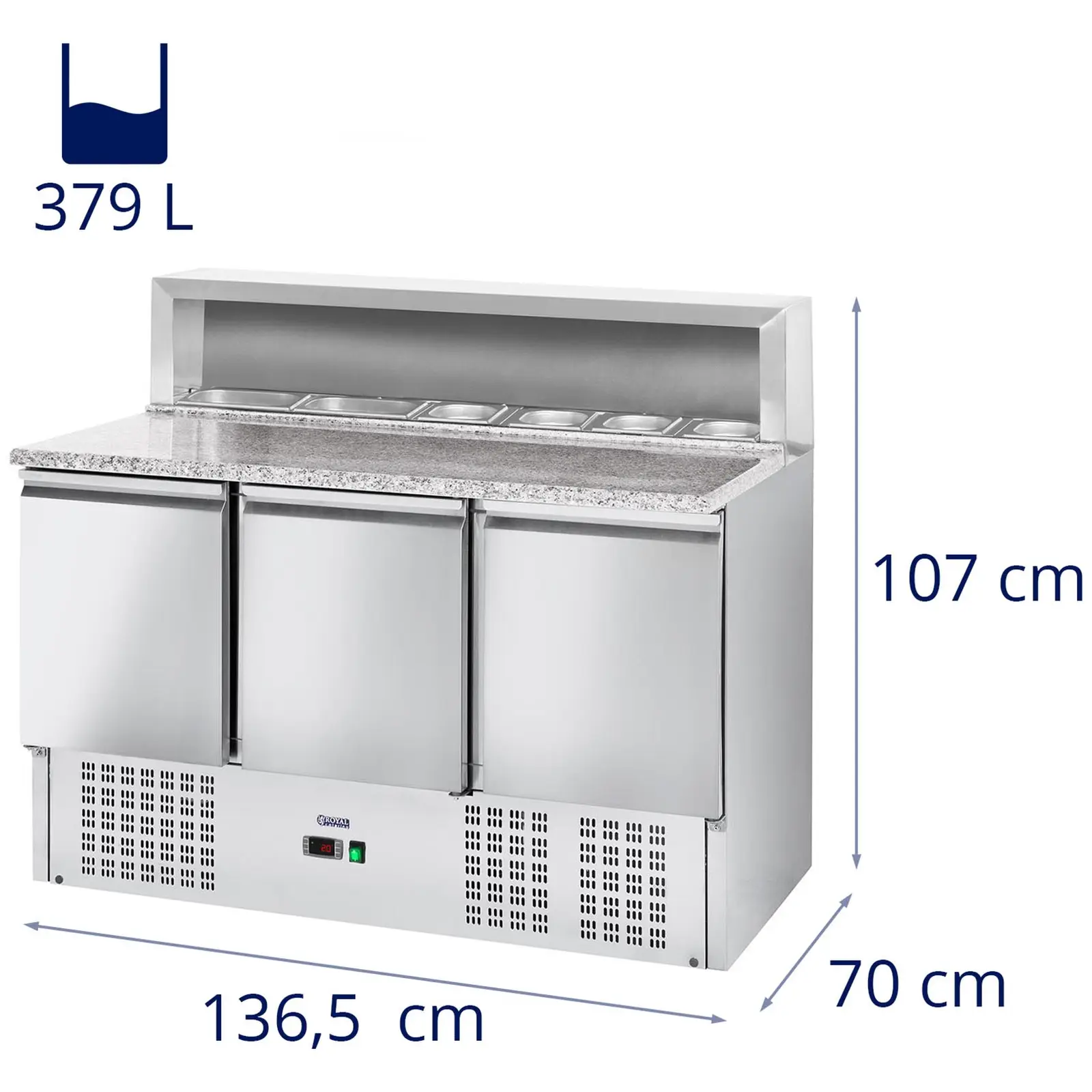 Pizzakühltisch - 379 L - Granitarbeitsplatte - 3 Türen