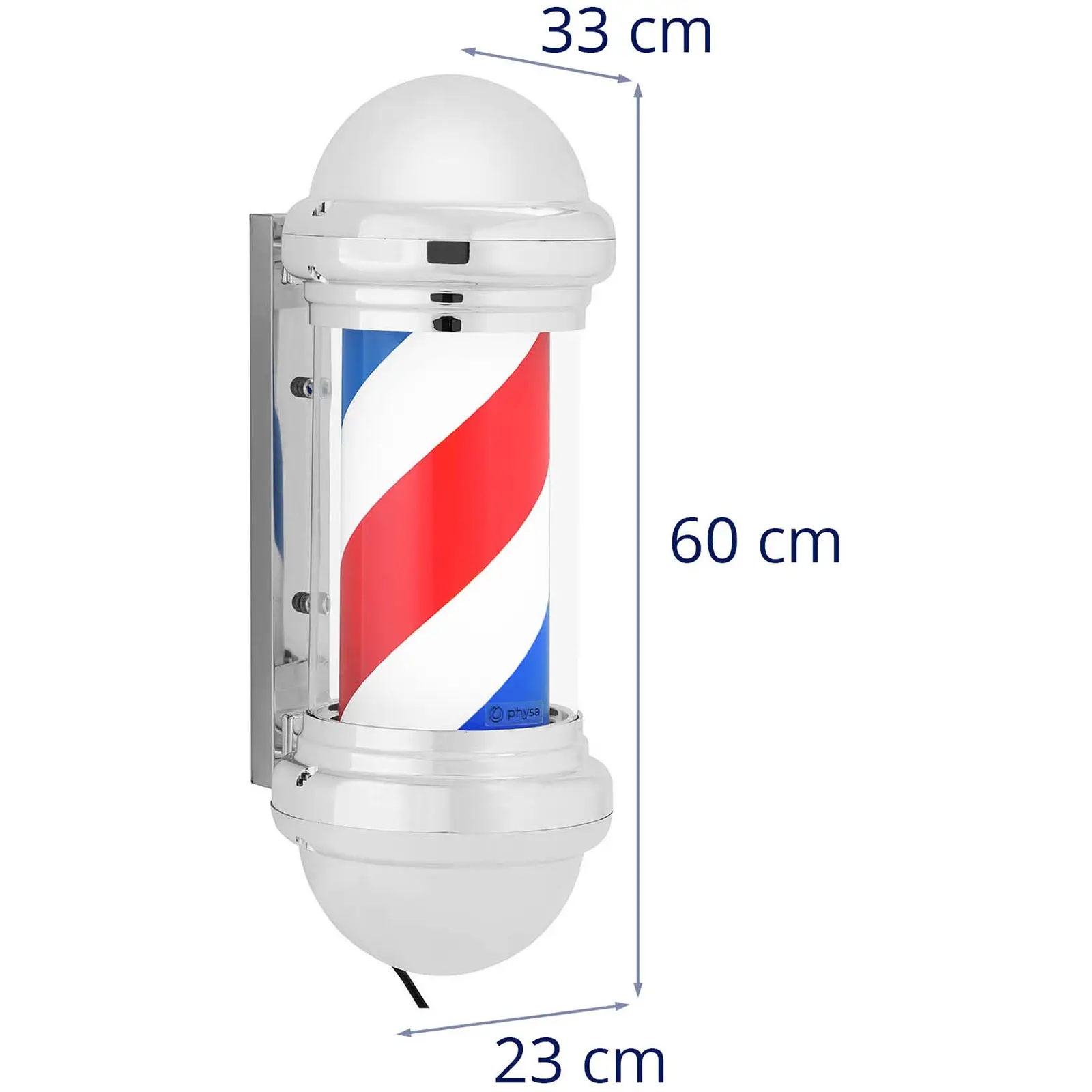 Barber Pole - rotierend und beleuchtet - 250 mm Höhe - 31 cm Wandabstand - silberne Fassung