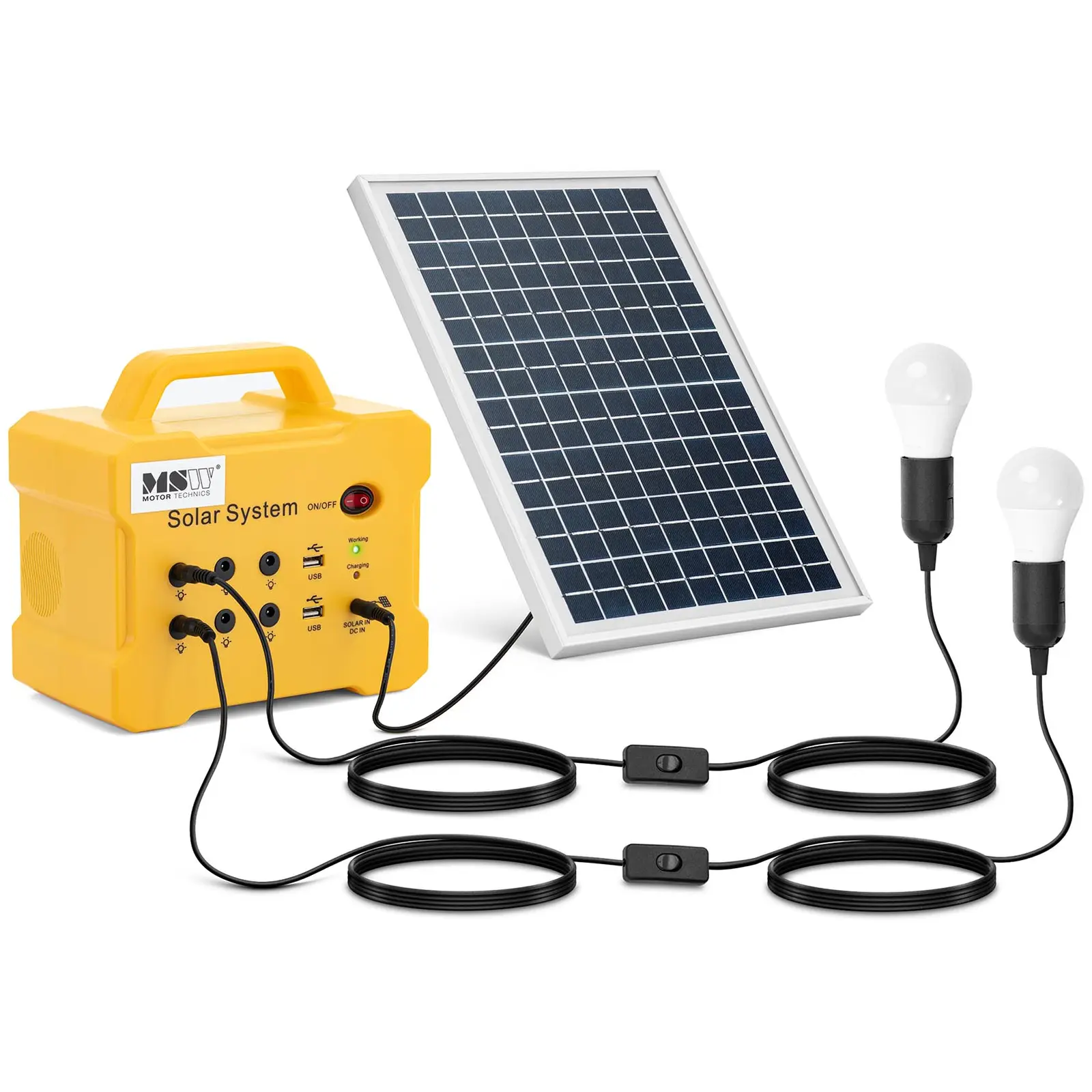 Powerstation mit Solarpanel und 2 LED-Lampen -  10 W - 12 V