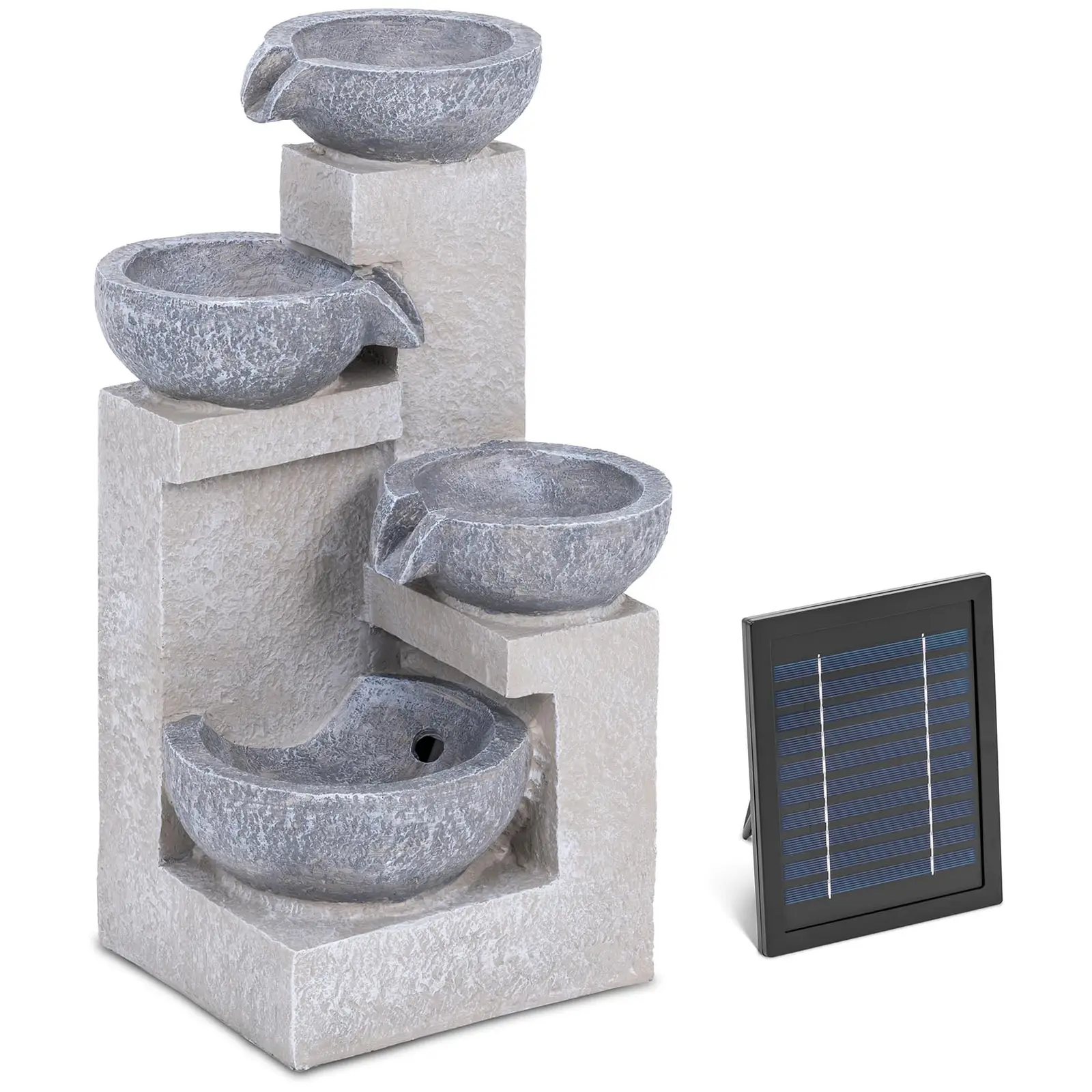 Solar Gartenbrunnen - 4 Schalen auf Zementmauer - LED-Beleuchtung