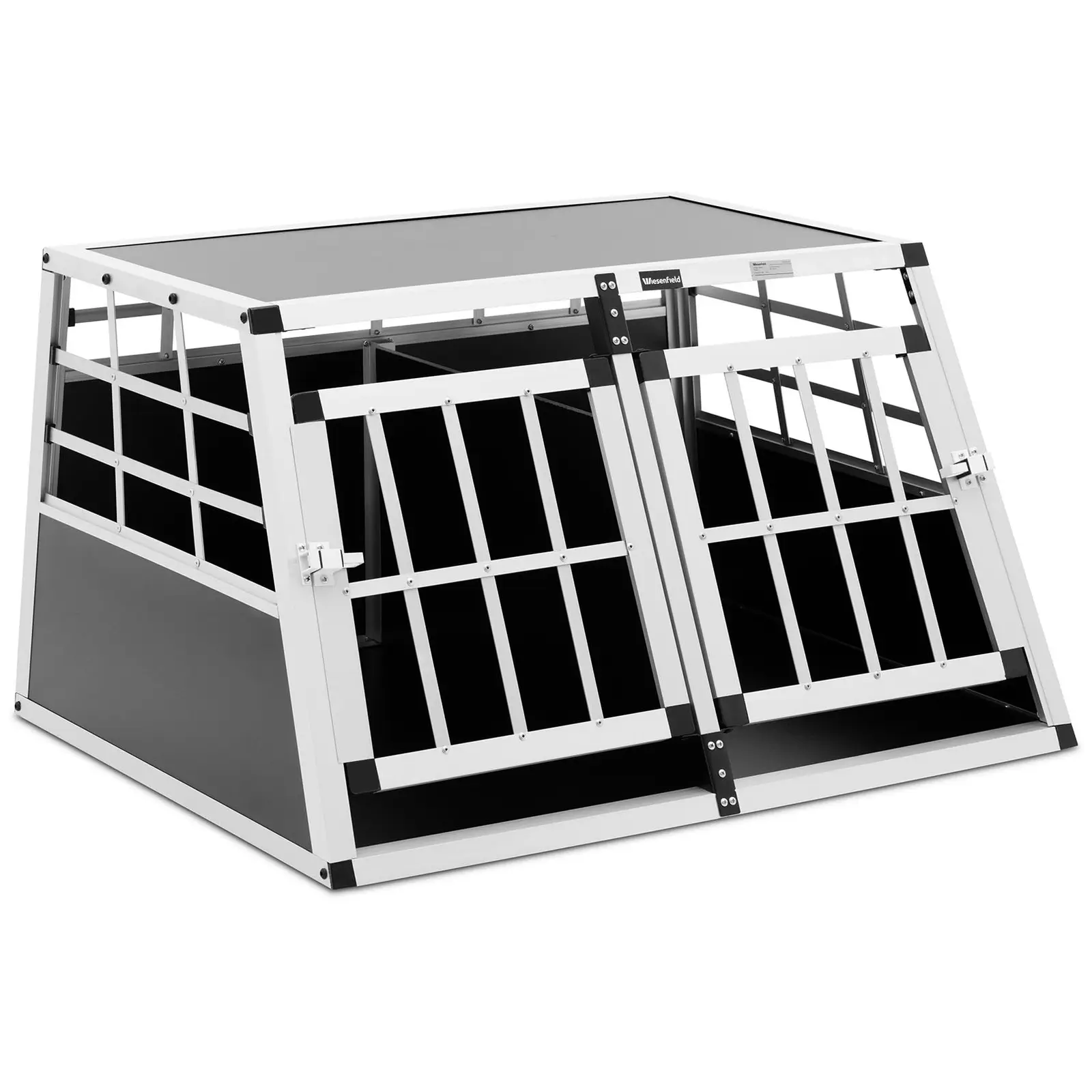 Wiesenfield Hundetransportbox – Aluminium – Trapezform – 70 x 90 x 50 cm – mit Trenner WIE-TB2-XL