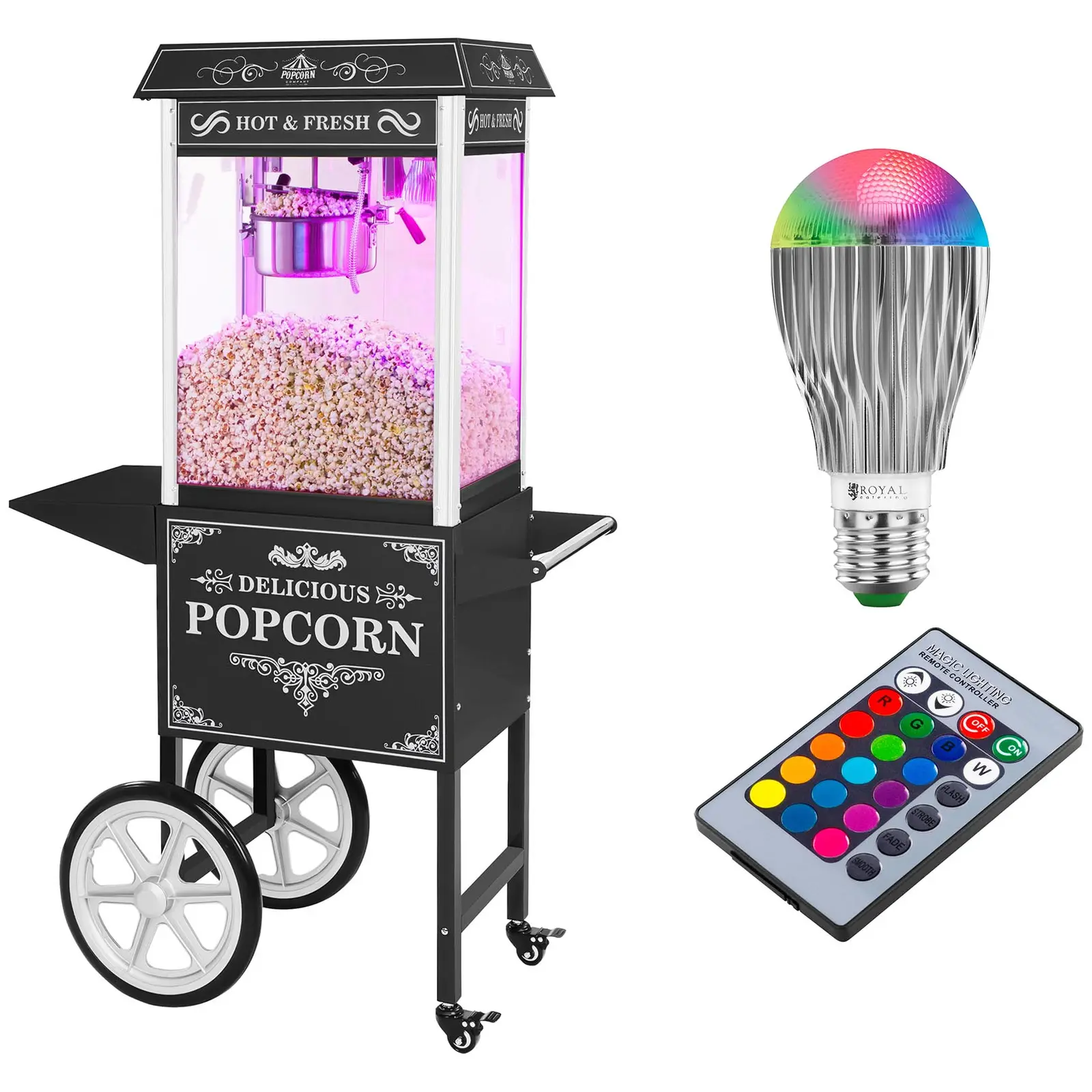 Popcornmaschine mit Wagen und LED-Beleuchtung - Retro-Design - schwarz
